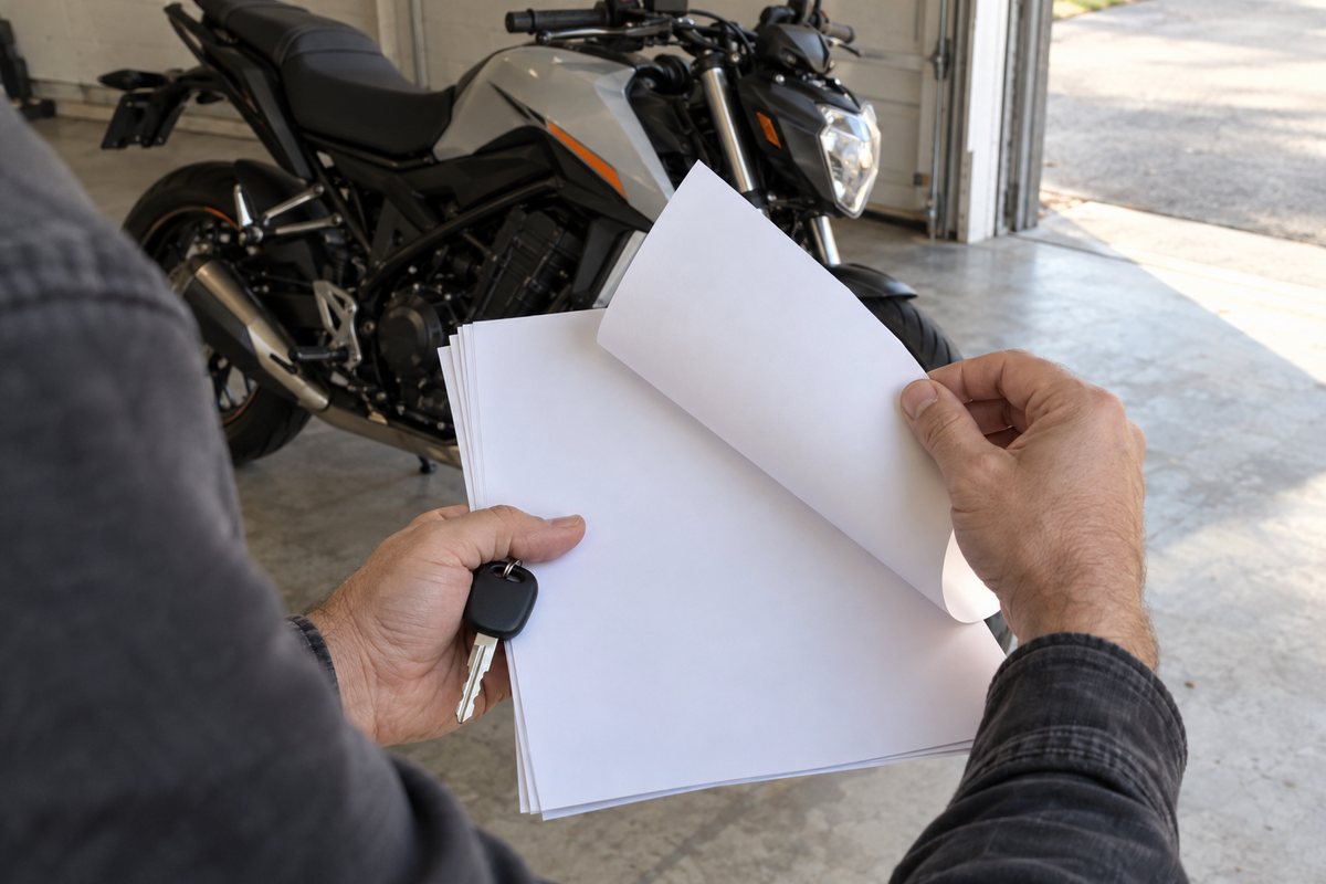 自宅のバイクを前に契約書類を確認する手元