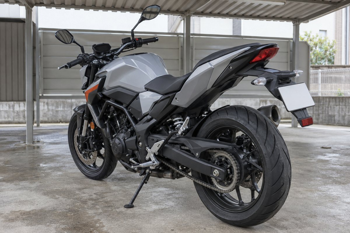 駐輪場に止めたバイクの外装と部品の接合部