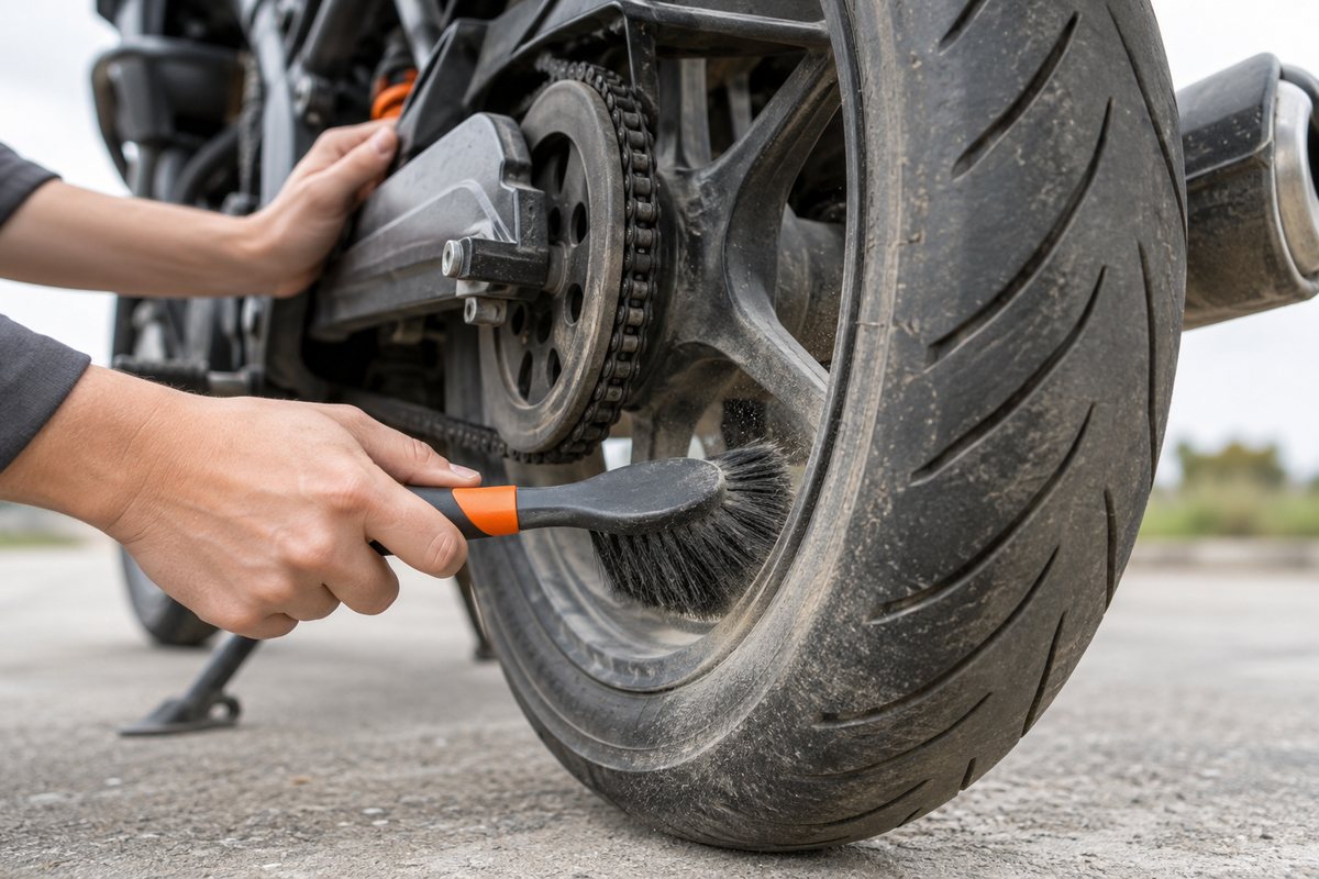 バイクのホイールについたほこりを落とす手元
