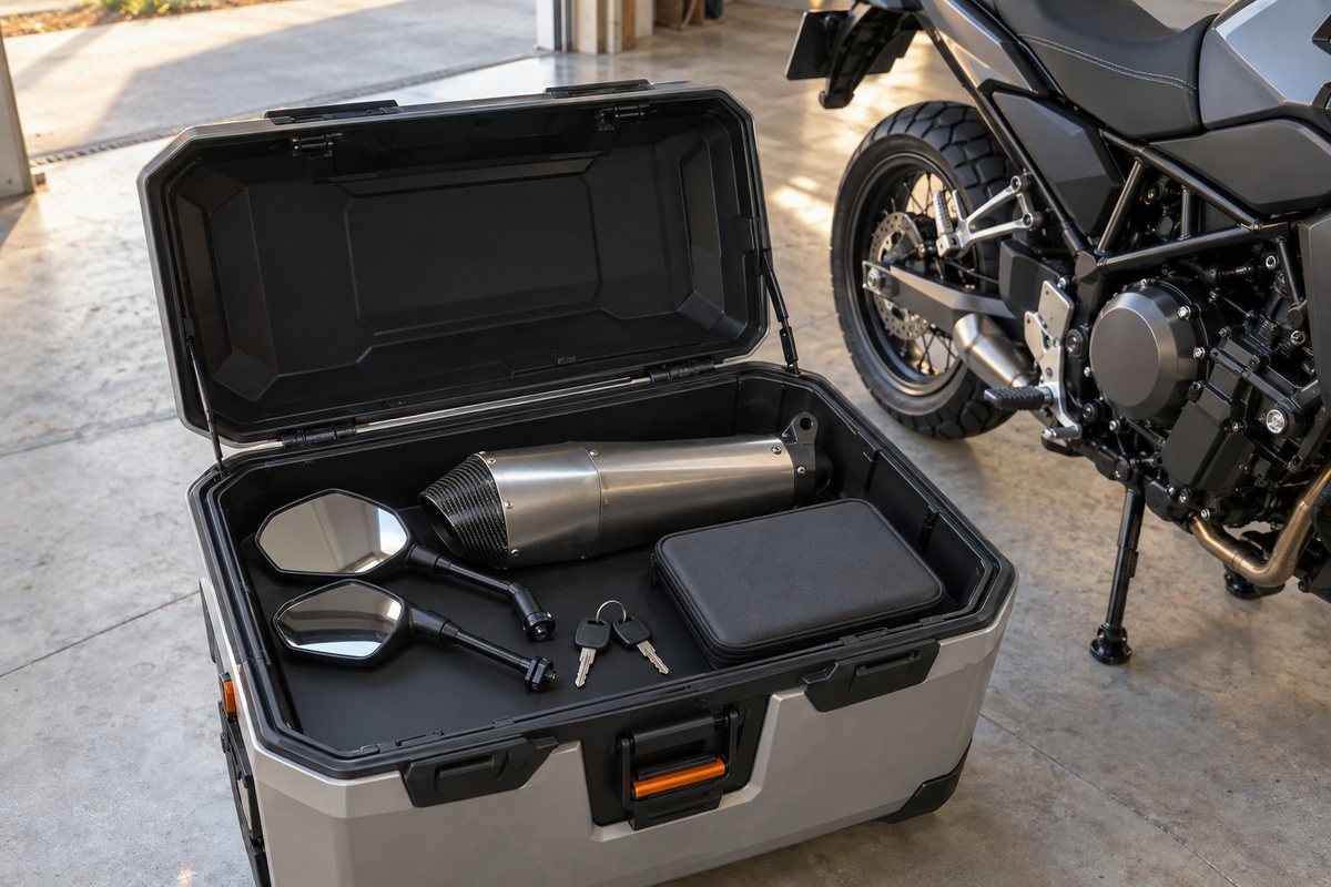 バイクのそばにまとめた保管部品と鍵、記録ケース