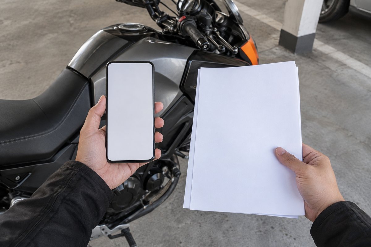 バイクのそばで買取先への連絡を準備する手元
