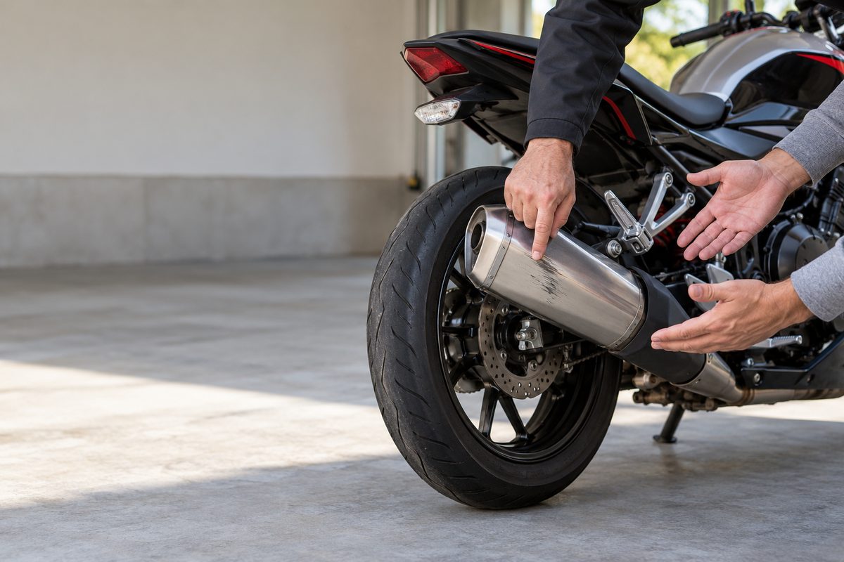 ガレージのバイクのそばで、査定員と所有者が擦り傷のあるマフラーを指さして話す手元。