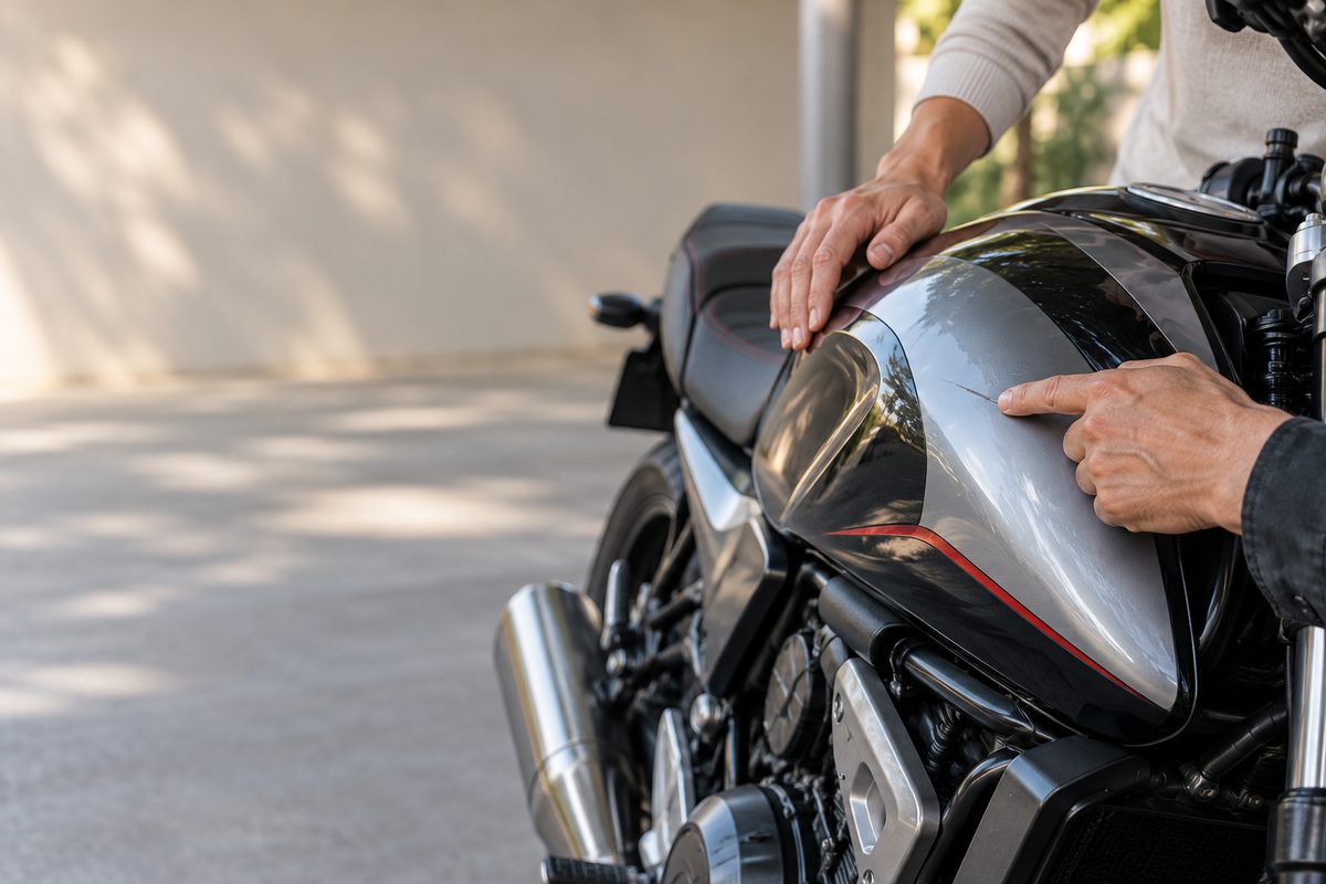 自宅のカーポートで、査定担当者とバイクのタンクの傷を指し示しながら説明を聞く手元。