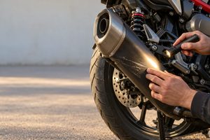 中古車展示場で、バイクのマフラーと足回りの傷を照らす手元。