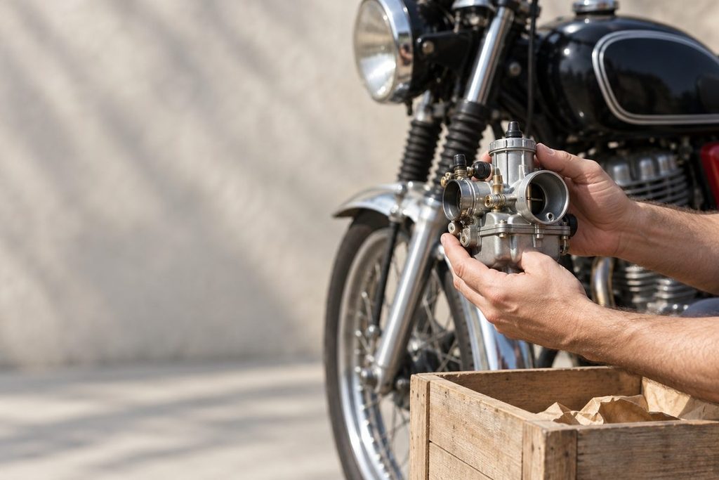 古いバイクの木箱から交換用キャブレターを取り出し、車体脇で確認する手元。