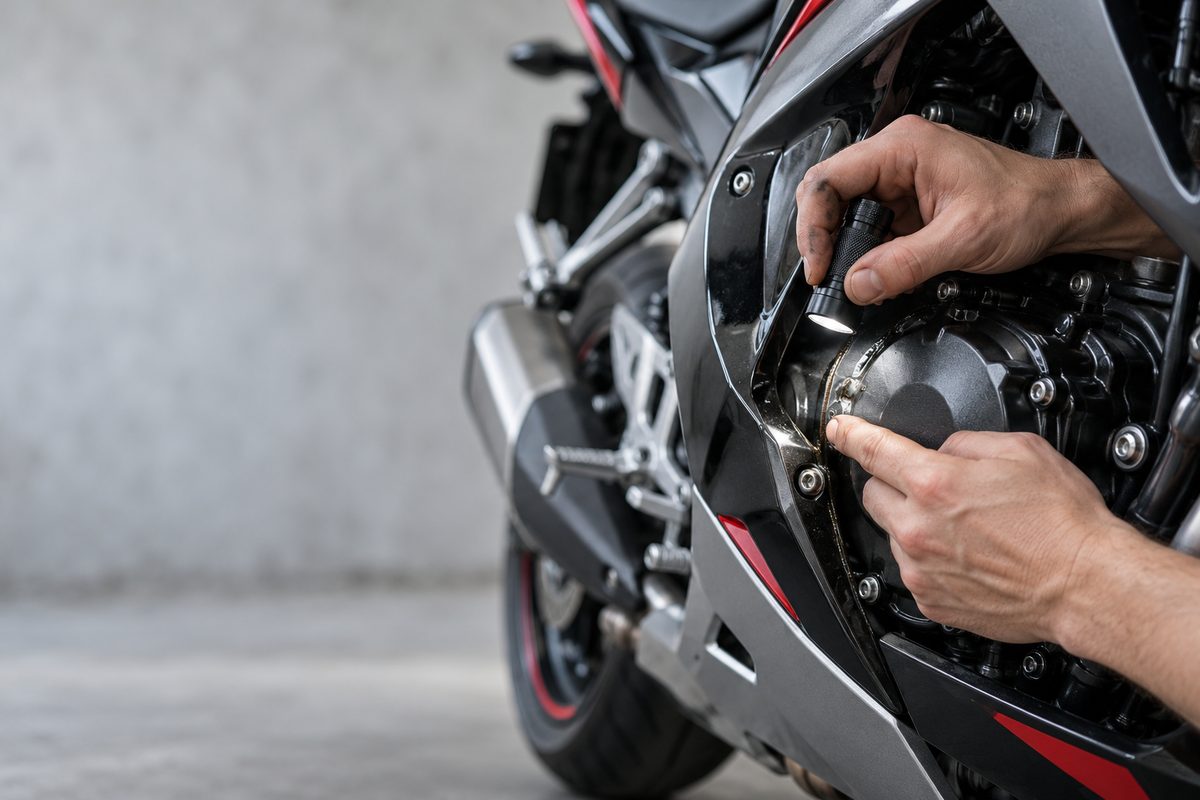整備場で、カワサキのスポーツバイクのカウル脇からエンジンのにじみを点検する手元。