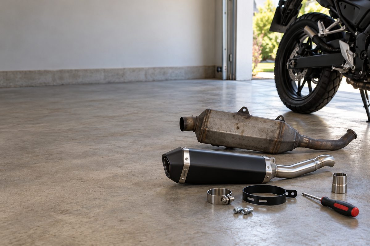 ガレージの床で、小型バイクの外した純正マフラーと交換部品を並べる手元。
