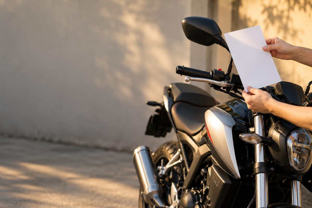 駐輪場で、バイクのミラーに挟まれた無地の買取チラシを外し、車体と見比べる手元。