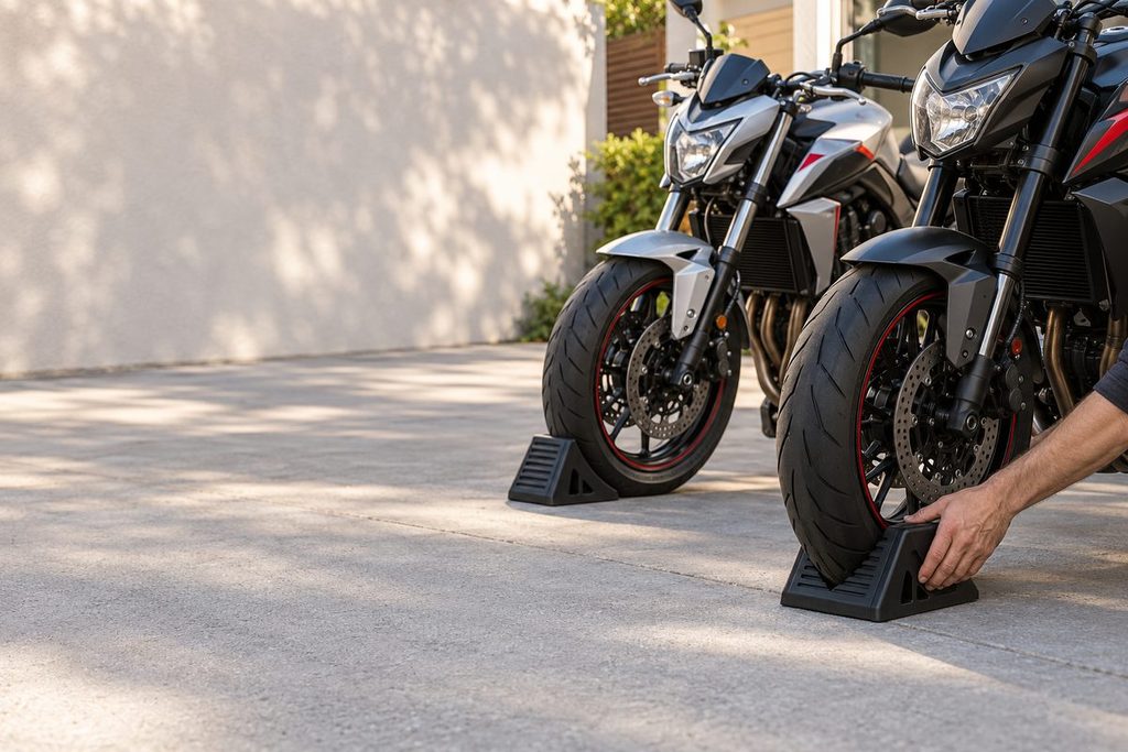 自宅の駐車場で、二台のバイクにそれぞれ輪止めを置く手元。