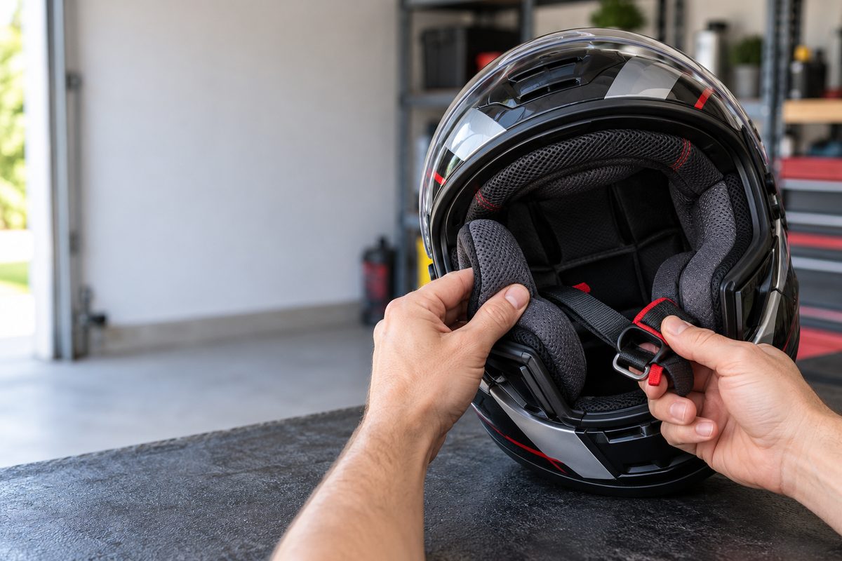 自宅ガレージの棚の前で、フルフェイスヘルメットの内装とあごひもを点検する手元。