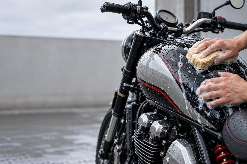 洗車場で、スポンジを使って大型バイクの燃料タンクを磨く手元。