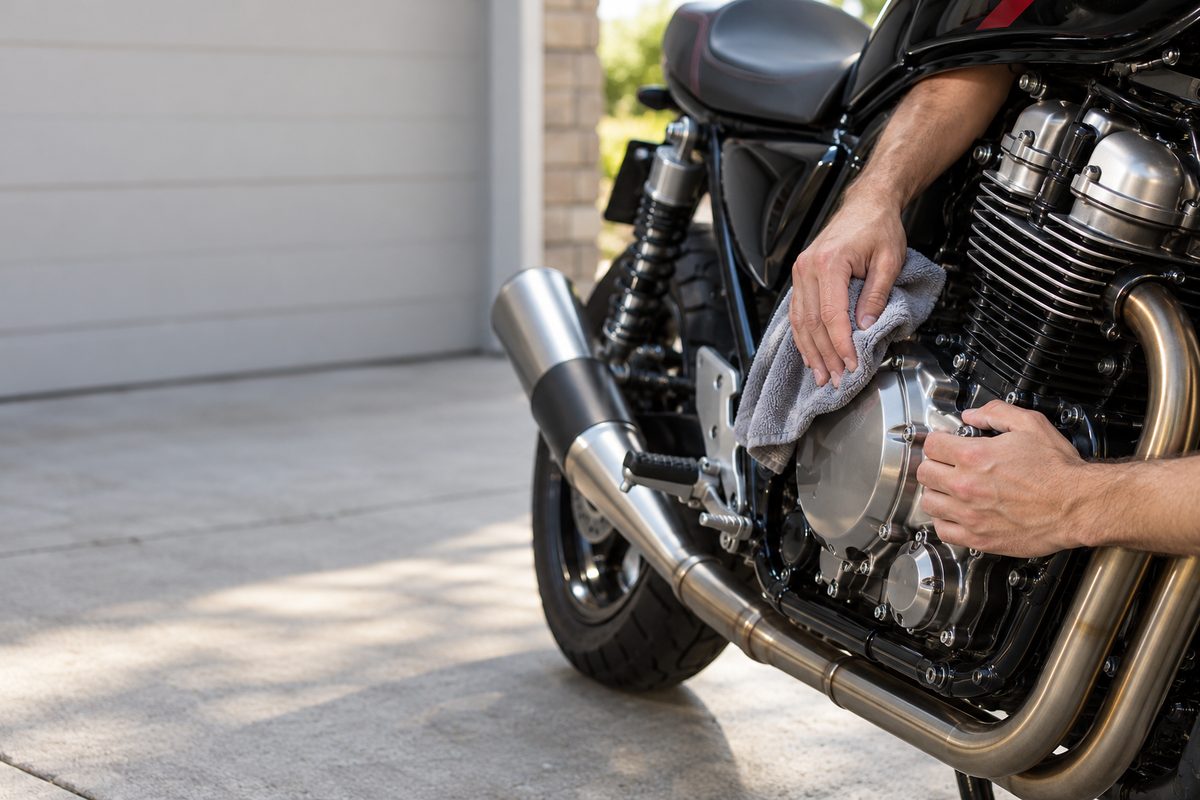 ガレージ脇で、売却前のバイクのエンジン周りを柔らかい布で拭き上げる手元。
