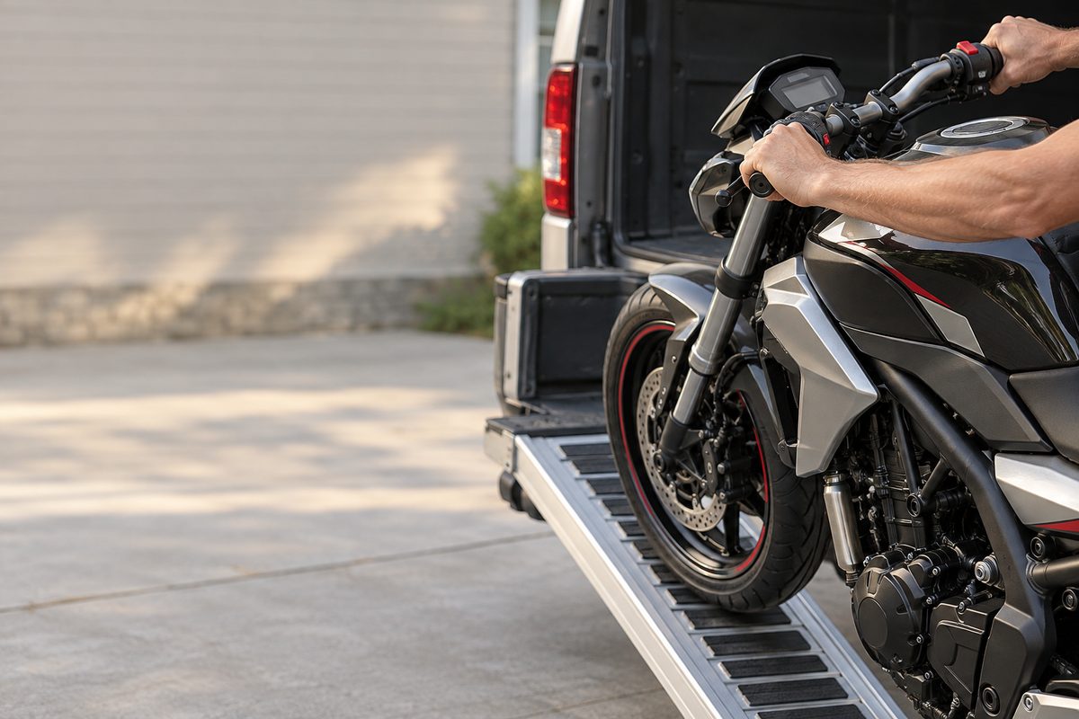 自宅前で、バイクのハンドルを支えながら輸送トラックの荷台へ押し上げる手元。