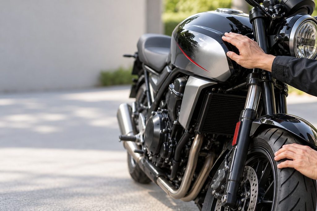 住宅街の駐車場で、査定員がバイクの燃料タンクとタイヤを確認する手元。