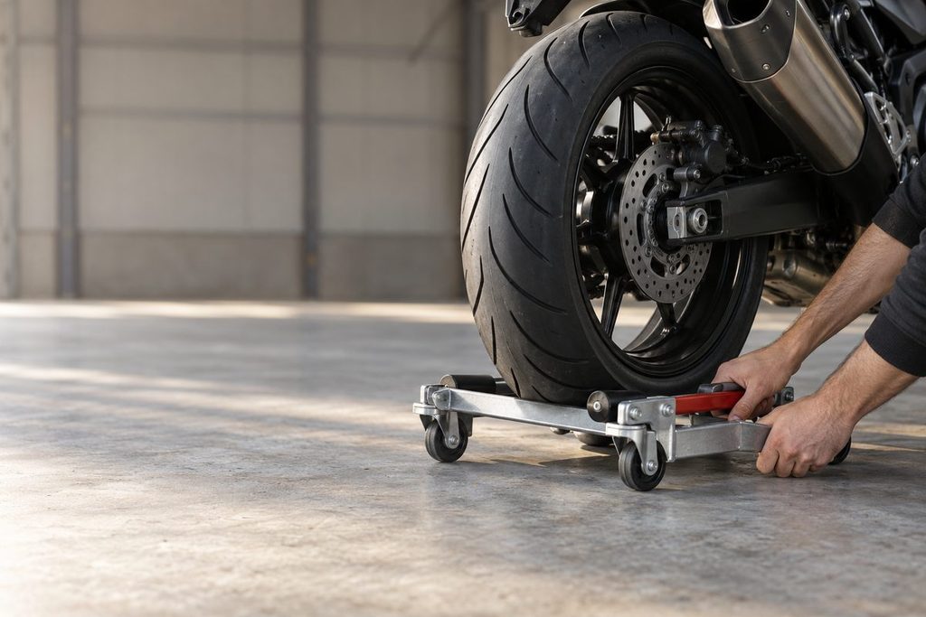 倉庫の奥で、動かないバイクの車輪に台車を添えて搬出する手元。