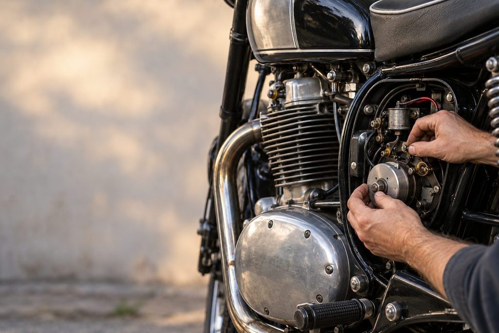 古い単気筒バイクのサイドカバーを外し、純正部品を確認する手元。