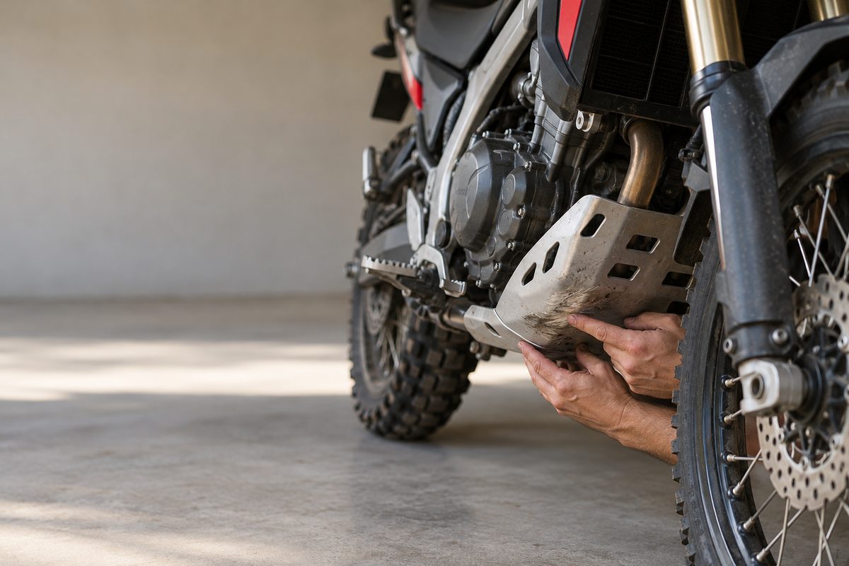 屋根付きガレージで、オフロードバイクの前輪脇にしゃがみ、エンジン下部の傷を確かめる手元。