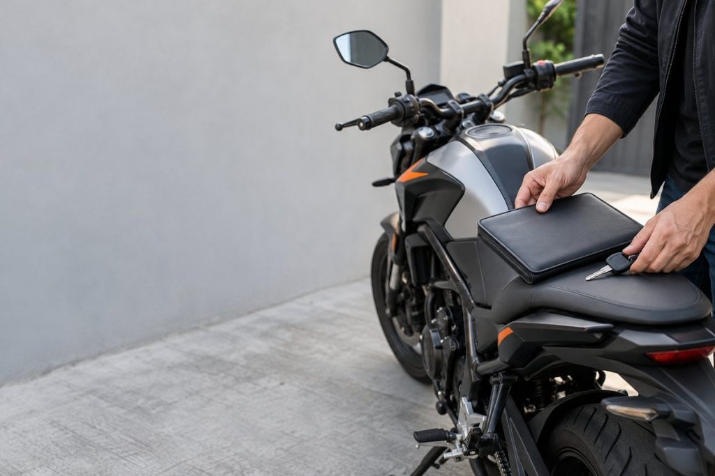 バイクのそばで書類ケースと鍵をそろえる手元