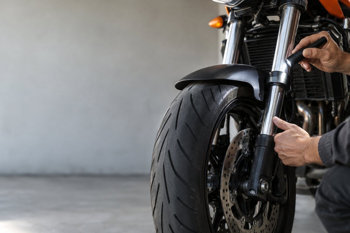 ライトでバイクの前輪まわりを確認する手元