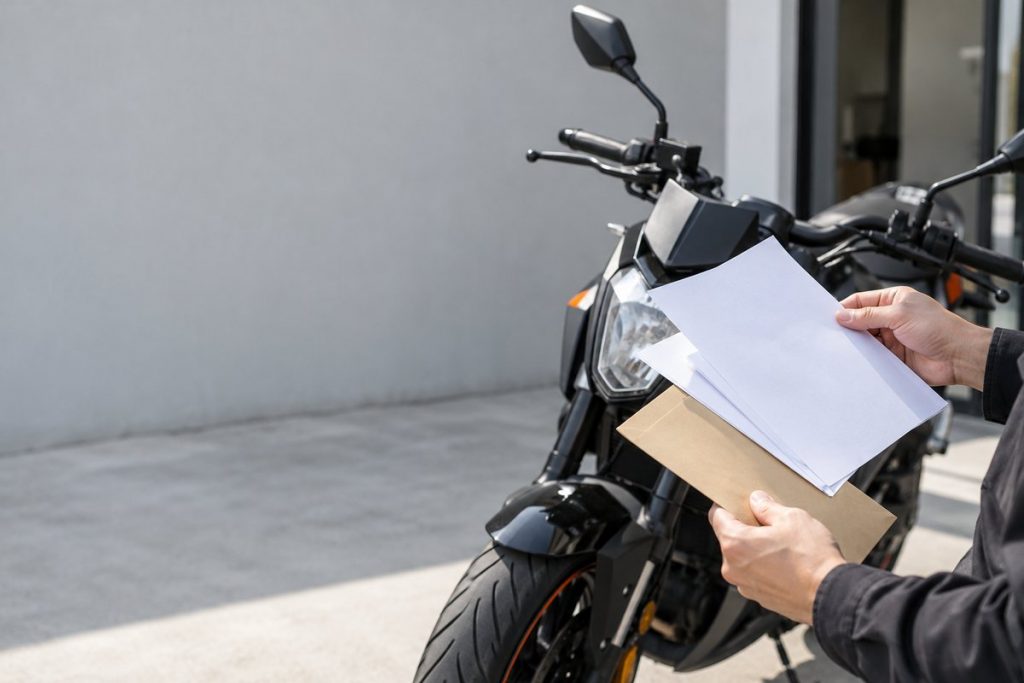 バイク引き渡し前に登録と税の書類を確認する手元
