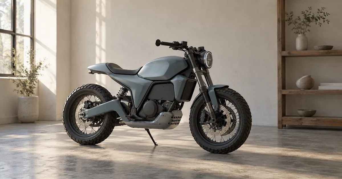 落ち着いた青みのグレーの無地の架空のバイクを、生成り色の壁とコンクリートの床がある静かな室内に置く（イメージ）